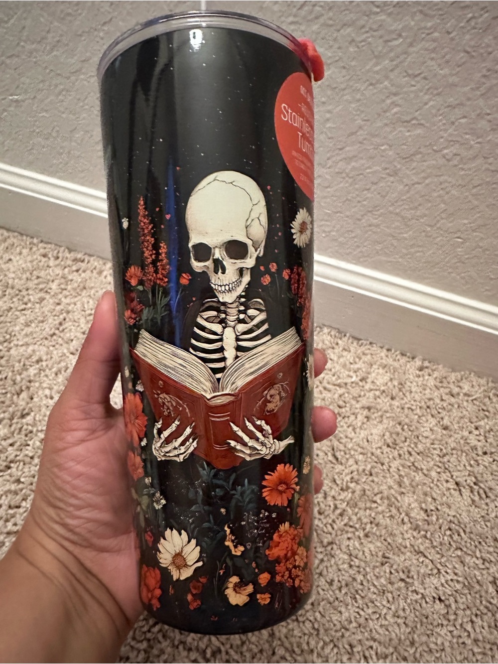 Black Skeleton & Floral Stainless Tumbler with Orange Accents